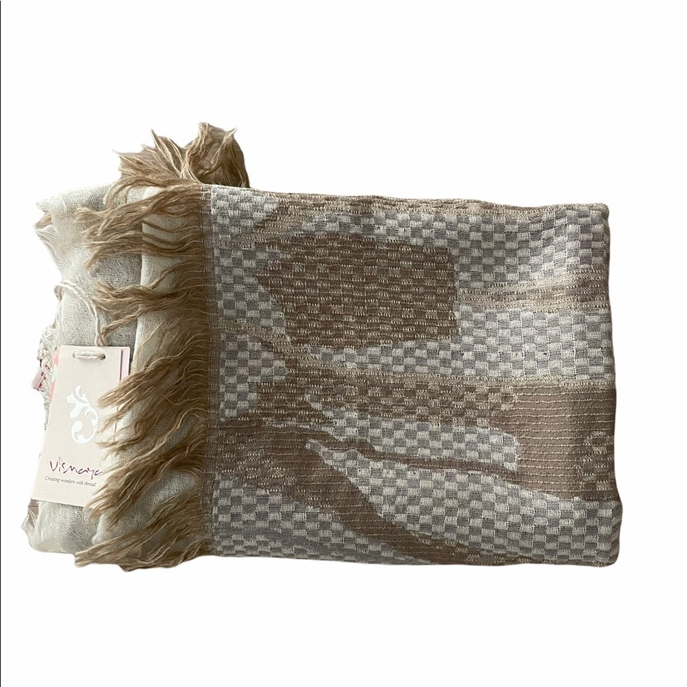 Vismaya Collection Long Wool Grey Ivory Blanket Scarf/Wrap NWT